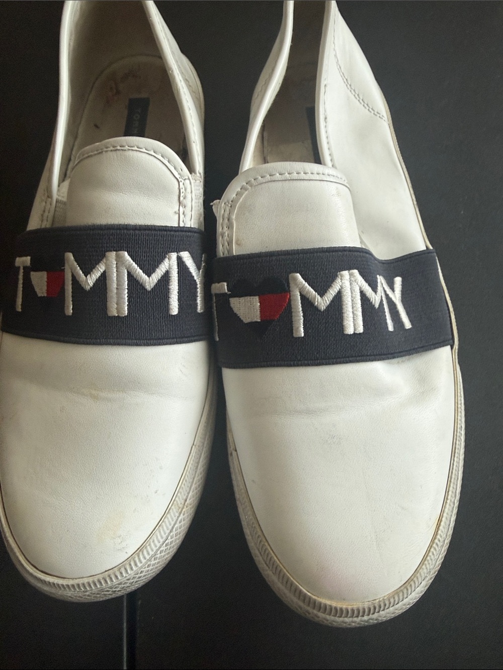 Women’s Tommy Hilfiger White Slip-On Loafers with Navy Logo Band and Red Accent - Picture 3 of 6